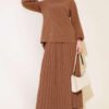 Embellished Front Stone Detailed Crepe Two-Piece Set Tan