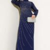 Dress with Stone Embellishments on the Front and Sleeves Navy Blue