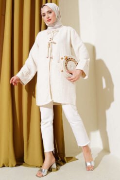 منظر بديل لـ Knit Trim Tied Linen Kimono Beige
