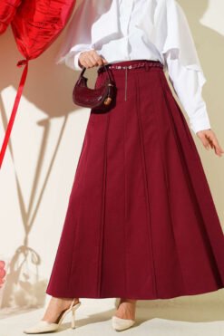 Knitted Belted Skirt Burgundy Großhandel skirt - Hicabistan Türkei Fabrik