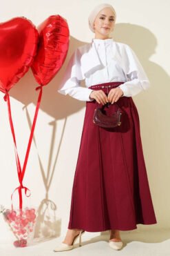 Knitted Belted Skirt Burgundy Großhandel skirt view 2 - Hicabistan Türkei Fabrik