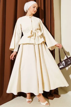 Oval Embossed Belted Skirt Set Beige