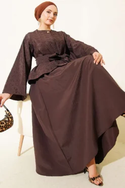 Oval Embossed Belted Skirt Set Brown