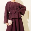 Oval Embossed Belted Skirt Set Plum بالجملة clothing set view 2 - Hicabistan مصنع تركيا
