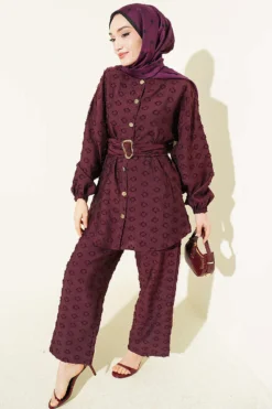 Oval Embossed Belted Two-Piece Set