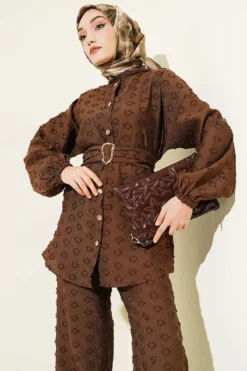 Alternative view of Oval Embossed Belted Two-Piece Set Brown