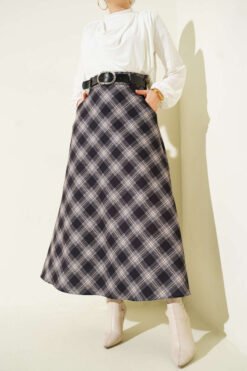 Plaid Skirt with Oval Belt Buckle Black wholesale skirt - Hicabistan Turkey factory