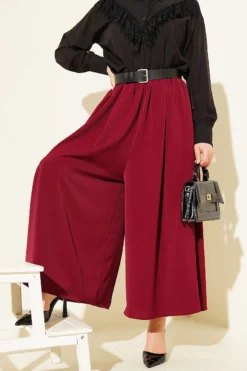 Oversized Cuffed Waistband Pants Burgundy