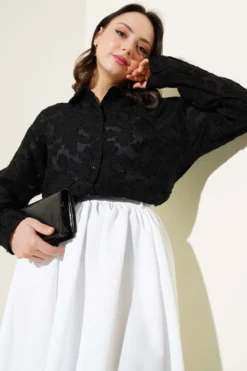 Fringe Floral Pattern Sheer Shirt Black