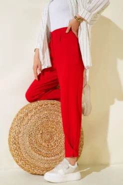 Buttoned Cuff Loose Pants Red