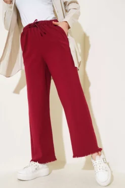 Alternative view of Fringed Hem String Tie Detail Pants Burgundy
