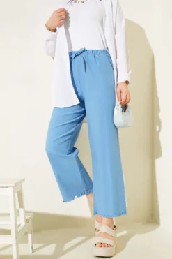 Fringed Hem String Tie Detail Pants Blue