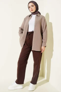 Alternative view of Fringe Hem Elastic Gabardine Pants Brown