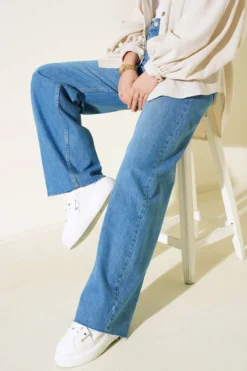 Fringed Hem Palazzo Denim Pants Blue