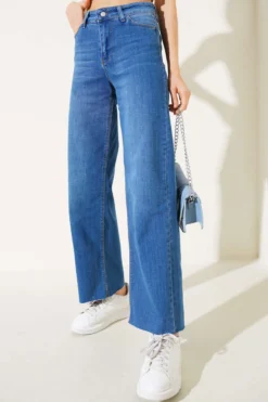 Fringed Hem Palazzo Denim Pants Blue