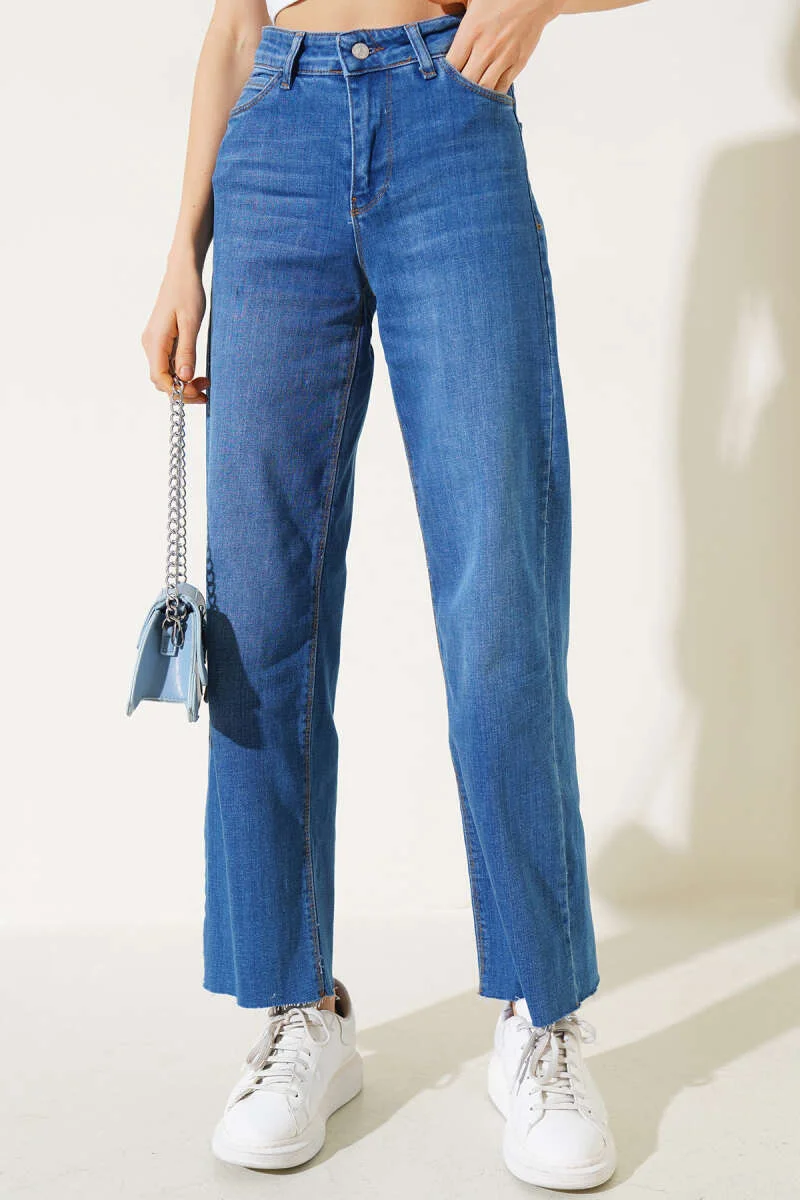 Fringed Hem Palazzo Denim Pants Blue - Image 2