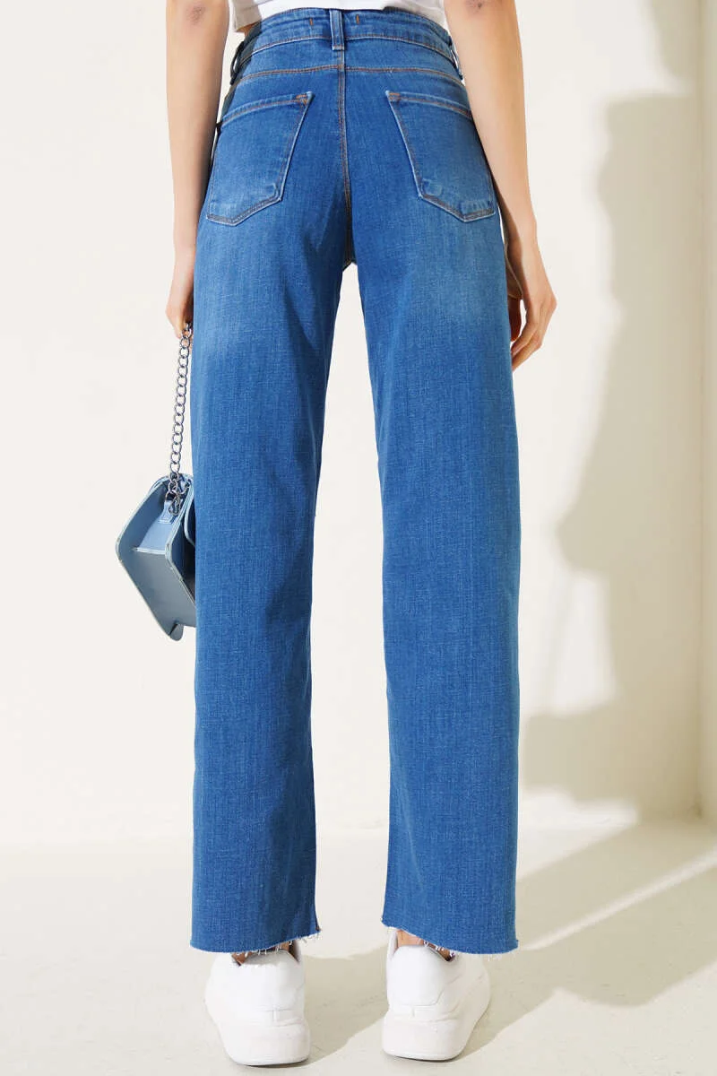 Fringed Hem Palazzo Denim Pants Blue - Image 3