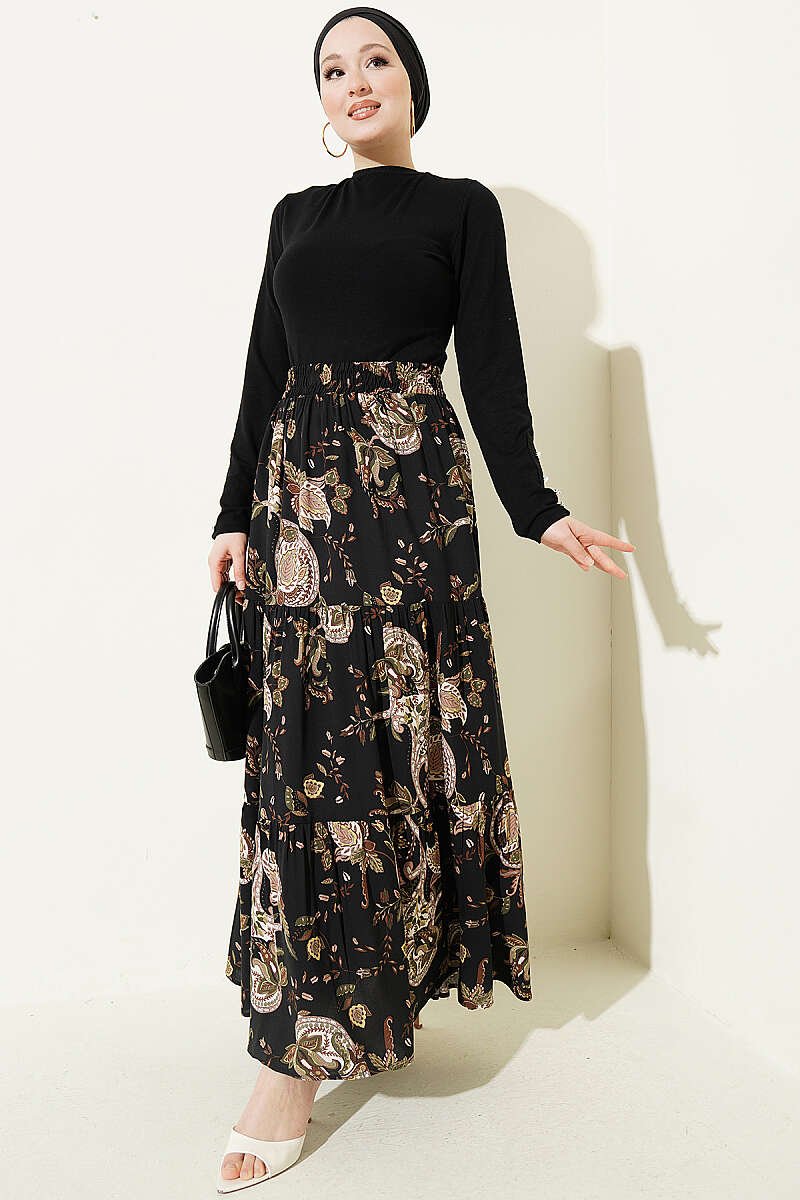 Layered Viscose Skirt with Paisley Print Black - Afbeelding 2