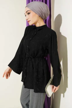 Paisley Patterned Tie Belt Shirt Black