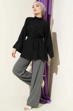 Alternative view of Paisley Patterned Tie Belt Shirt Black