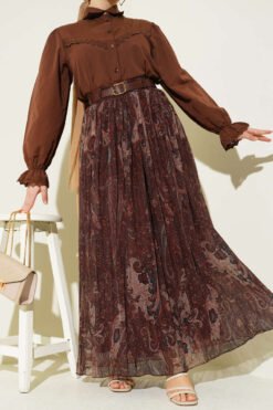 Paisley Patterned Tulle Skirt Brown wholesale skirt - Hicabistan Turkey factory