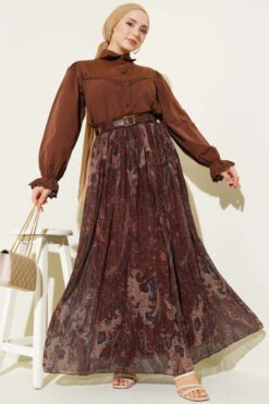 Paisley Patterned Tulle Skirt Brown wholesale skirt view 2 - Hicabistan Turkey factory