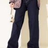 Palazzo Cut-Out Detail Denim Pants Navy Blue