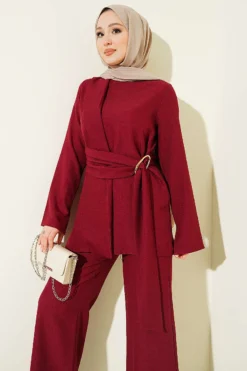 Two-Piece Set with Detailed Parts and Gold Buckle Burgundy wholesale clothing set view 2 - Hicabistan Turkey factory