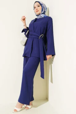 Two-Piece Set with Detailed Parts and Gold Buckle Navy Blue wholesale clothing set view 2 - Hicabistan Turkey factory
