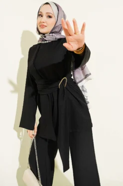 Two-Piece Set with Detailed Parts and Gold Buckle Black wholesale clothing set view 2 - Hicabistan Turkey factory