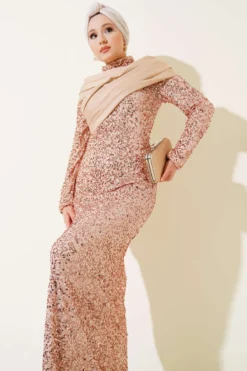 Sequin Detailed Evening Dress Gold en gros dress view 2 - Hicabistan usine Turquie