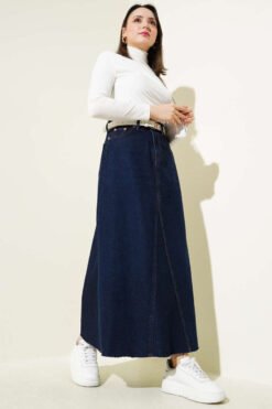 Patchwork Denim Skirt Navy Blue wholesale skirt view 2 - Hicabistan Turkey factory