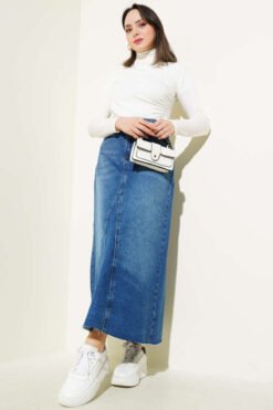 Patchwork Denim Skirt Blue wholesale skirt view 2 - Hicabistan Turkey factory