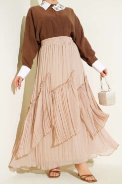 Layered Pleated Chiffon Skirt Beige wholesale skirt - Hicabistan Turkey factory