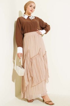Layered Pleated Chiffon Skirt Beige wholesale skirt view 2 - Hicabistan Turkey factory