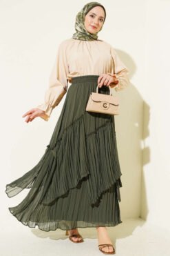 Layered Pleated Chiffon Skirt Khaki wholesale skirt view 2 - Hicabistan Turkey factory