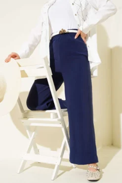 Shiny Fabric Trousers Navy Blue