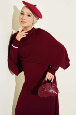 Cape Burgundy wholesale dress view 2 - Hicabistan Turkey factory