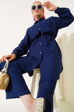 Cloak with Tie Two-Piece Set Navy Blue