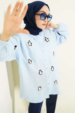 Penguin Embroidered Muslin Shirt Blue
