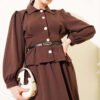 Pencil Detailed Belted Dabble Skirt Set Brown Großhandel clothing set view 2 - Hicabistan Türkei Fabrik