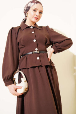 Pencil Detailed Belted Dabble Skirt Set Brown wholesale clothing set view 2 - Hicabistan Turkey factory