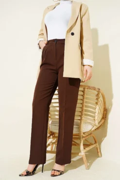 Wide Leg Trousers with Pile Detail Brown