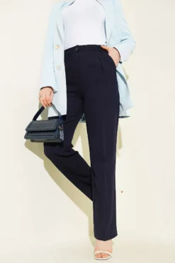Wide Leg Trousers with Pile Detail Navy Blue