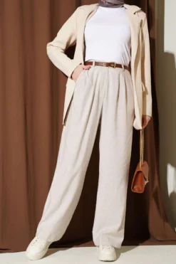Pocketed Wide-Leg Trousers with Pile Detail Beige