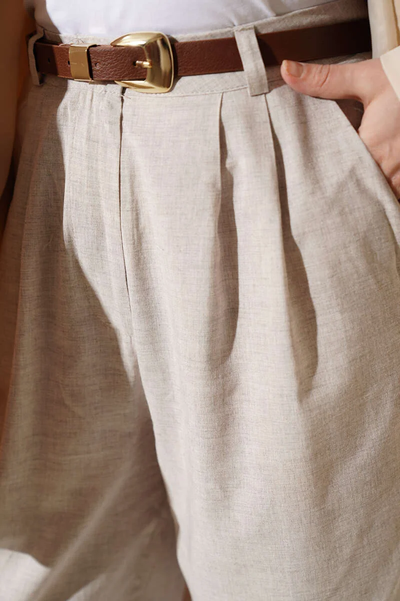 Pocketed Wide-Leg Trousers with Pile Detail Beige - Image 4