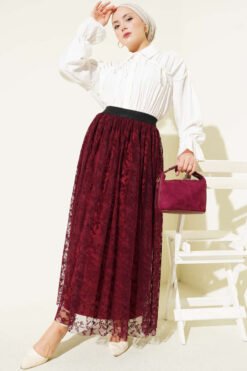 Vue alternative de Tulle Skirt with Pile Detail Burgundy