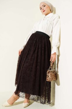 Tulle Skirt with Pile Detail Brown wholesale skirt view 2 - Hicabistan Turkey factory