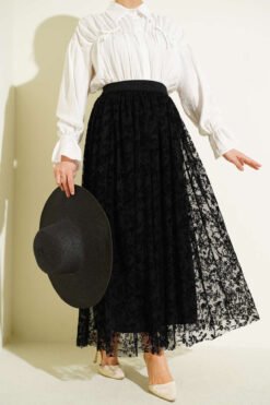 Tulle Skirt with Pile Detail Black wholesale skirt - Hicabistan Turkey factory