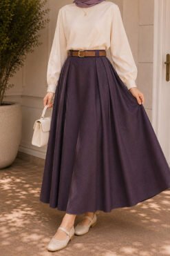 Belted Denim Skirt with Pile Detail Plum